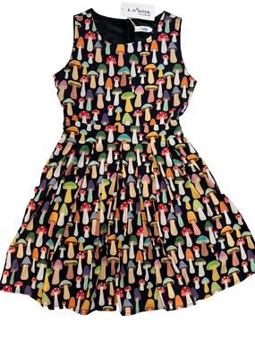 L.A. Soul Mushroom Print Fit & Flare Dress Whimsical Cottagecore Pockets, Sz S
